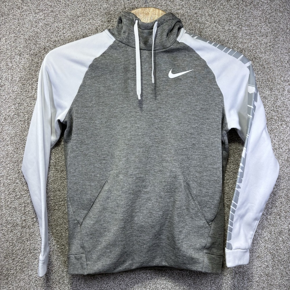 Nike Dri-FIT Hoodie Mens Large Gray White Fleece Pullover Swoosh Sweatshirt
